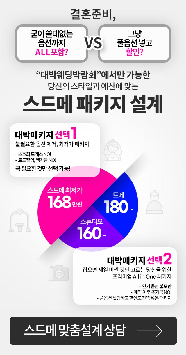 대박패키지 선택1. 불필요한 옵션 제거, 최저가 패키지 / 선택2.대박패키지 선택2 잡으면 제일 비싼 것만 고르는 당신을 위한 프리미엄 All In One 패키지 스드메 맞춤설계 상담 바로가기